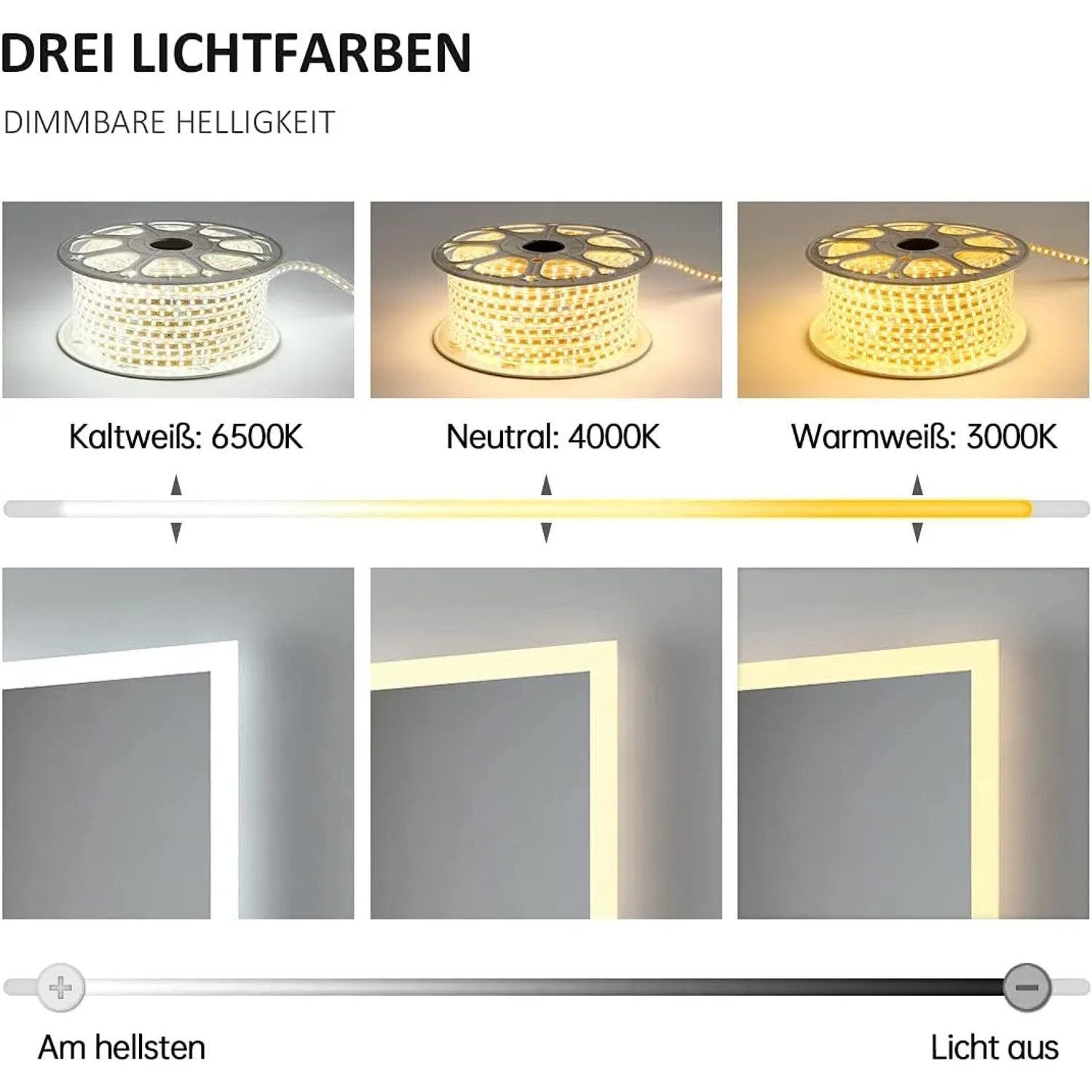 Emke Badspiegel: LED-Beleuchtung mit drei Lichtfarben (Kaltweiß, Neutralweiß, Warmweiß) und Dimmfunktion.