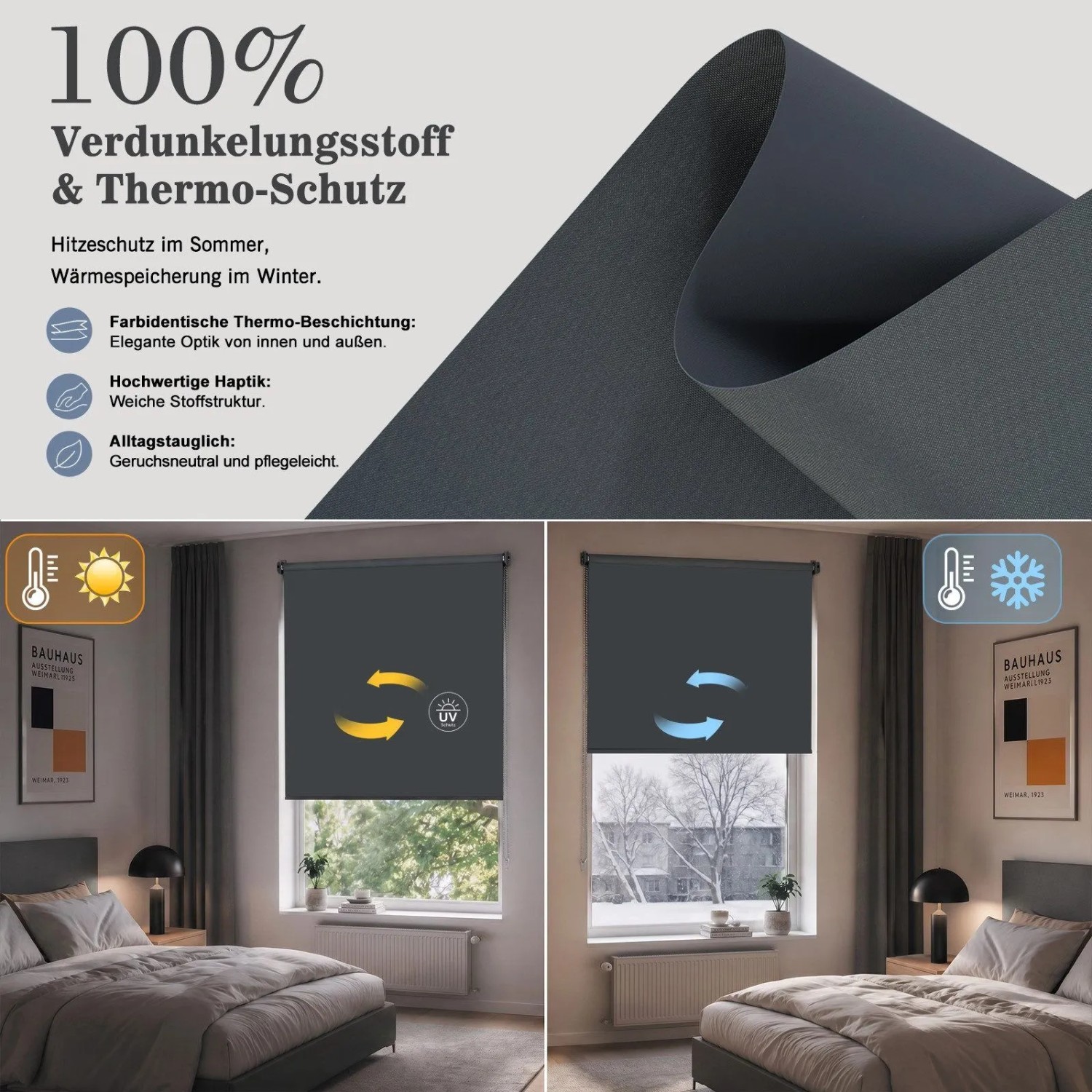 Graues SALCAR Verdunkelungsrollo Klemmfix für Fenster, mit Thermoschutz gegen Hitze und Kälte.