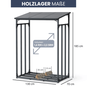 DELUKE Kaminholzregal Außen mit Dach ELOS 130x70x185cm Metallrahmen Brennholzregal Außen Brennholzunterstand Kaminholzunterstand