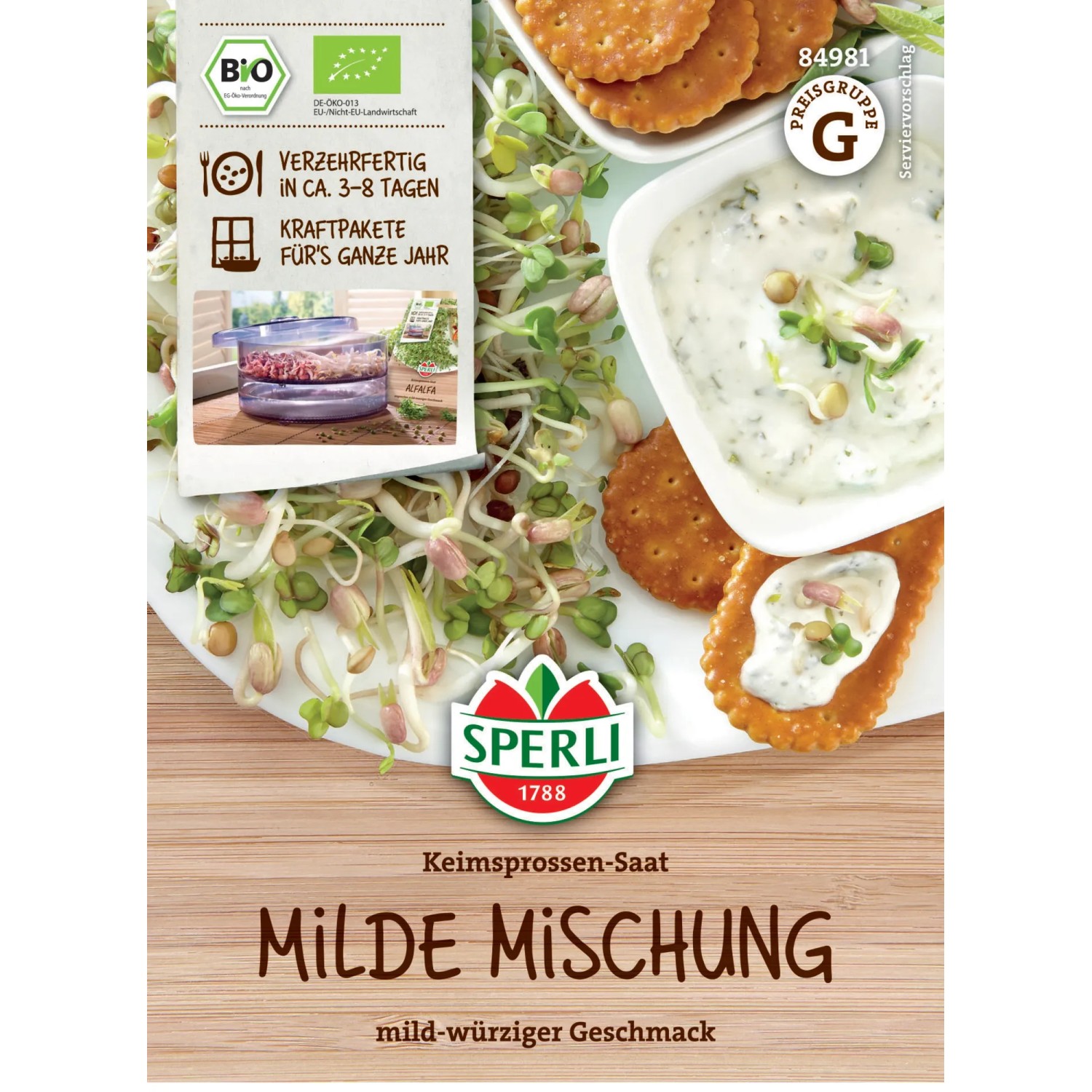 Sperli Bio Keimsprossen Milde Mischung: Saatgut mit Sprossen und Serviervorschlag.
