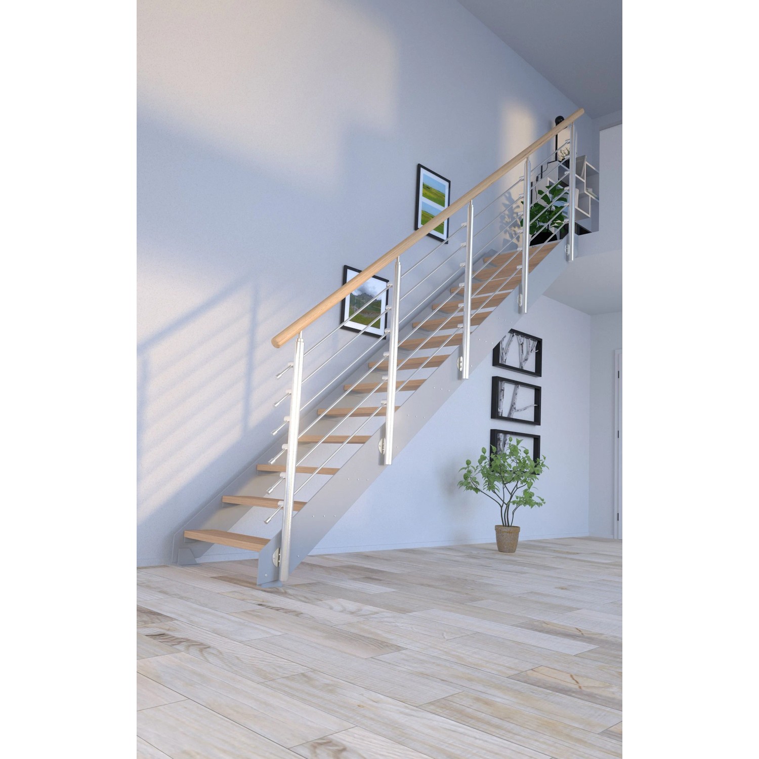 Moderne Treppe Kos mit 11 Eiche-Stufen, grauem Design-Geländer und Metallwangen. FSC®-zertifiziert.