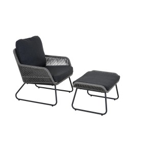 Grauer Siena Garden Loungesessel Kansas mit Fußhocker, Kordel-Design und schwarzen Metallbeinen.
