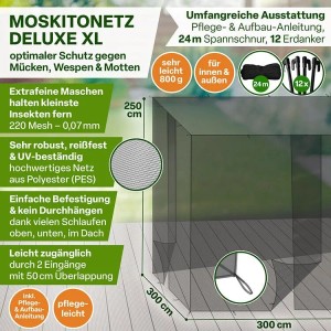 Schwarzes Moskitonetz DELUXE XXL (500x300x250cm) für Betten & Pavillons, Insektenschutz mit 3 Öffnungen.