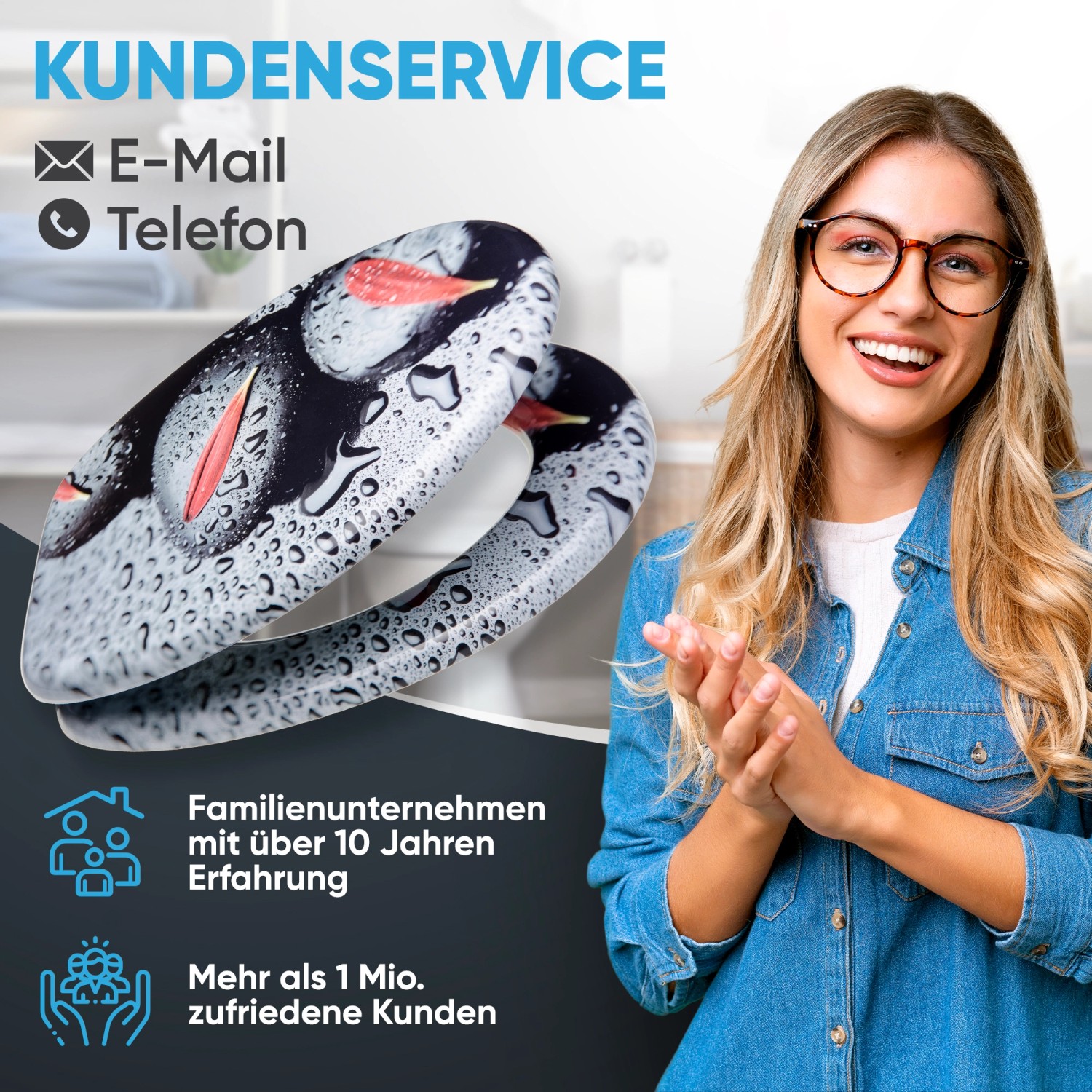 Sanilo WC-Sitz Elegance mit Absenkautomatik, Holz, mit Kundenservice-Hinweis.