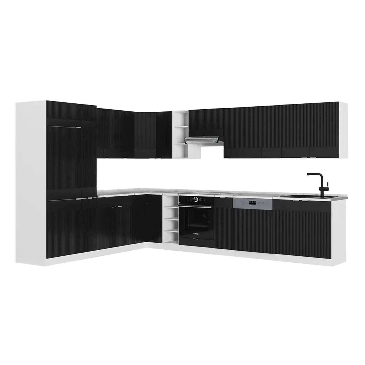 Vicco Fame-Line Eckküche Schwarz gestreift/Weiß 347 x 257 cm AP Marmor ohne E-Geräte