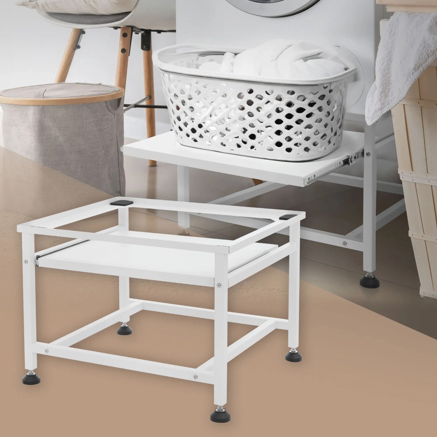 ML-Design Waschmaschinen-Untergestell weiß mit ausziehbarer Ablage, höhenverstellbar.