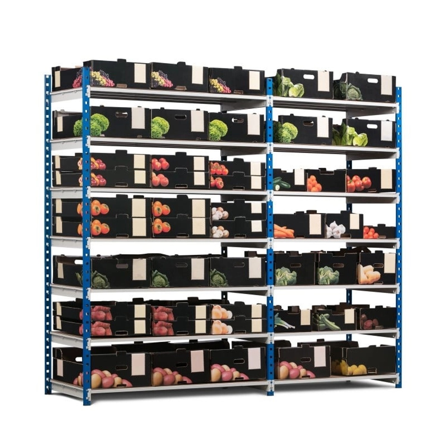 PROREGAL Fachbodenregal Maximus Pro mit 7 Ebenen, beladen mit Gemüse und Obst.