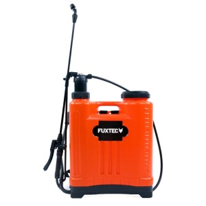 FUXTEC Drucksprüher 20 Liter, orange-schwarz, mit langer Sprühlanze und gepolstertem Rückengurt. Für Pflanzenschutz & Reinigung.