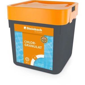 Steinbach Chlorgranulat, 5 kg, zur Pool Desinfektion. Schnelllösliches Granulat im grauen Eimer mit orangem Deckel.