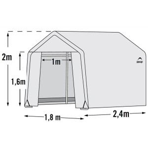 Abbildung des ShelterLogic Foliengewächshauses (240x180cm) in Weiß mit Maßangaben.