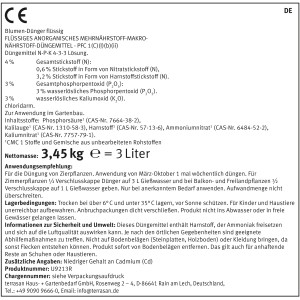 Etikett des Blumen-Düngers 3 l mit Anwendungs- und Sicherheitshinweisen.