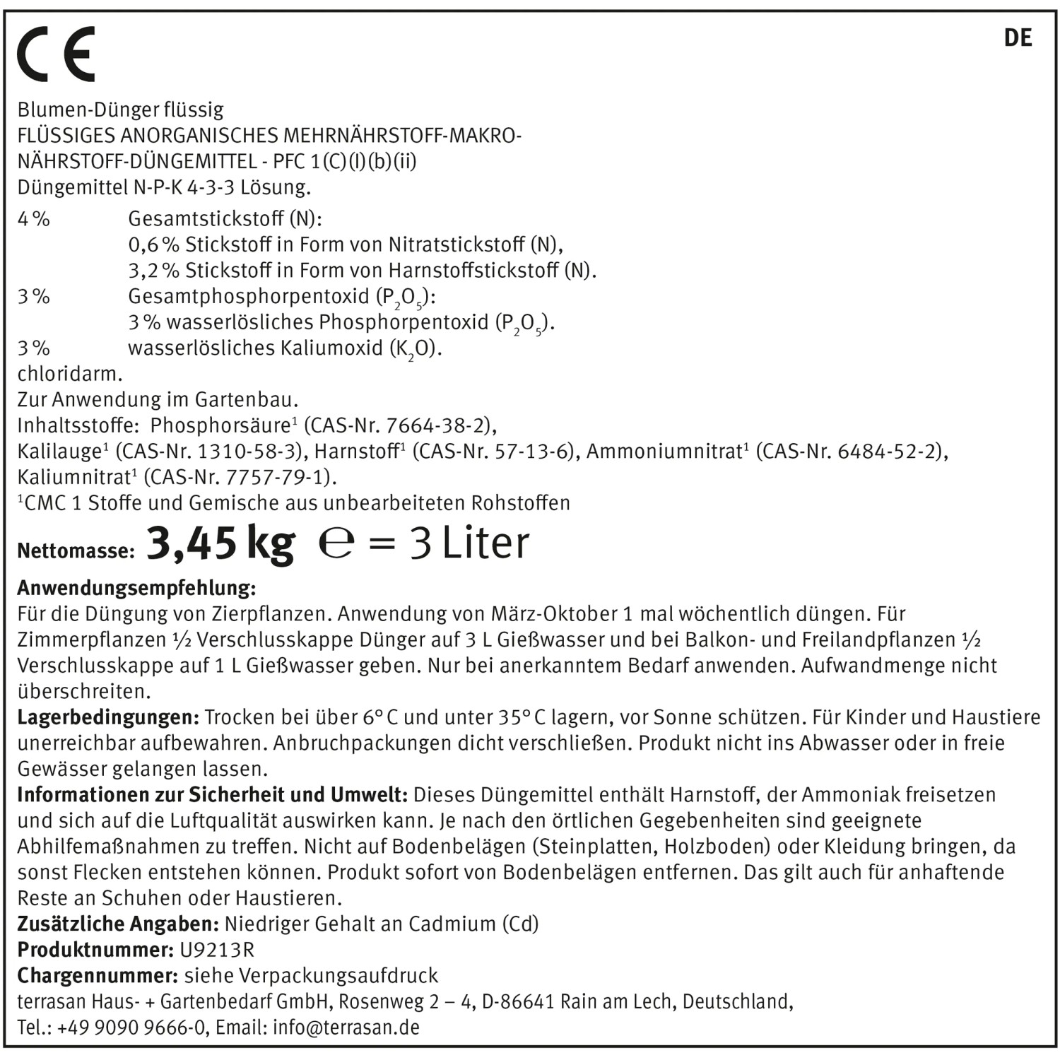 Etikett des Blumen-Düngers 3 l mit Anwendungs- und Sicherheitshinweisen.