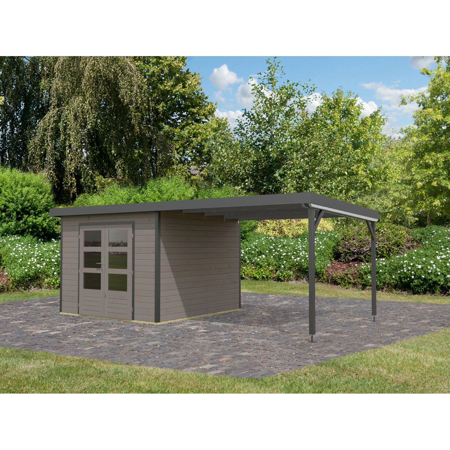 Karibu Gartenhaus Set Domingo D Wassergrau-Anthrazit mit Anbaudach 7 m² günstig online kaufen