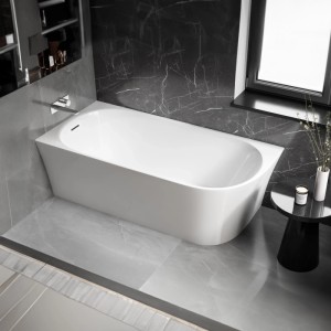 Freistehende, weiße Acryl Badewanne NORA CORNER (170x80) mit abgerundeter Ecke links.