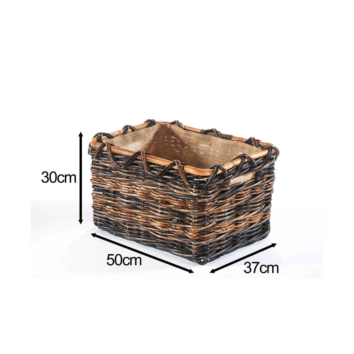 Eckige Kobolo Holztrage aus Rattan und Bananenblatt mit Jutestoff-Auskleidung.
