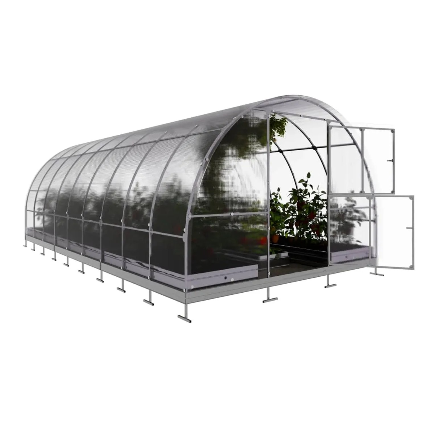 Klasika Tube Gewächshaus 18m² mit Polycarbonat, Rohrrahmen, offene Tür.
