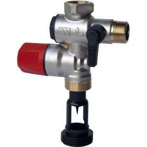 Sicherheitsgruppe 00423 für Warmwasserspeicher, aus Messing mit rotem Sicherheitsventil und schwarzem Siphon.