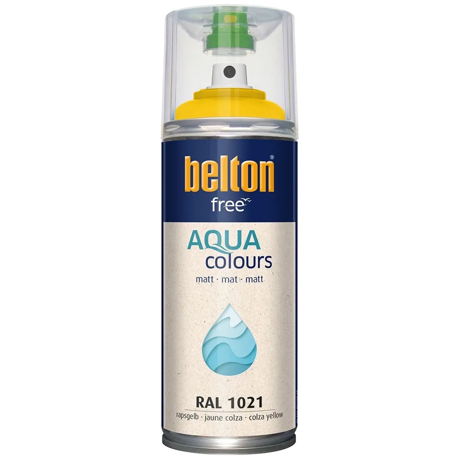 Belton Free AQUAcolours Buntlack RAL 1021 Rapsgelb matt 400 ml Sprühdose. Wasserbasierter, geruchsneutraler Lack für innen & außen.