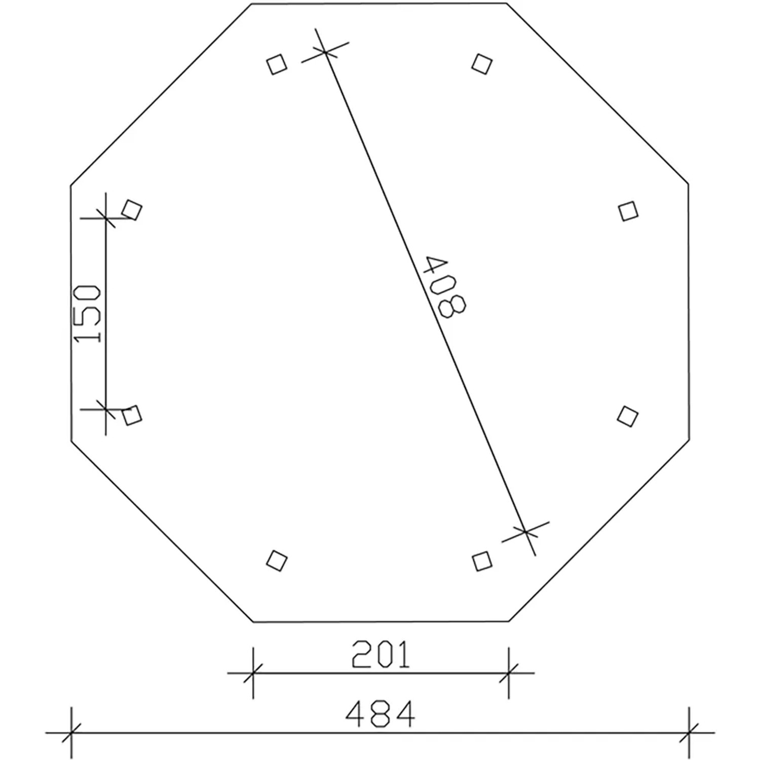 Grundriss Skan Holz Pavillon Lyon Größe 2, 8-Eck, Maße: 484x408 cm, Pfostenabstand 150cm.