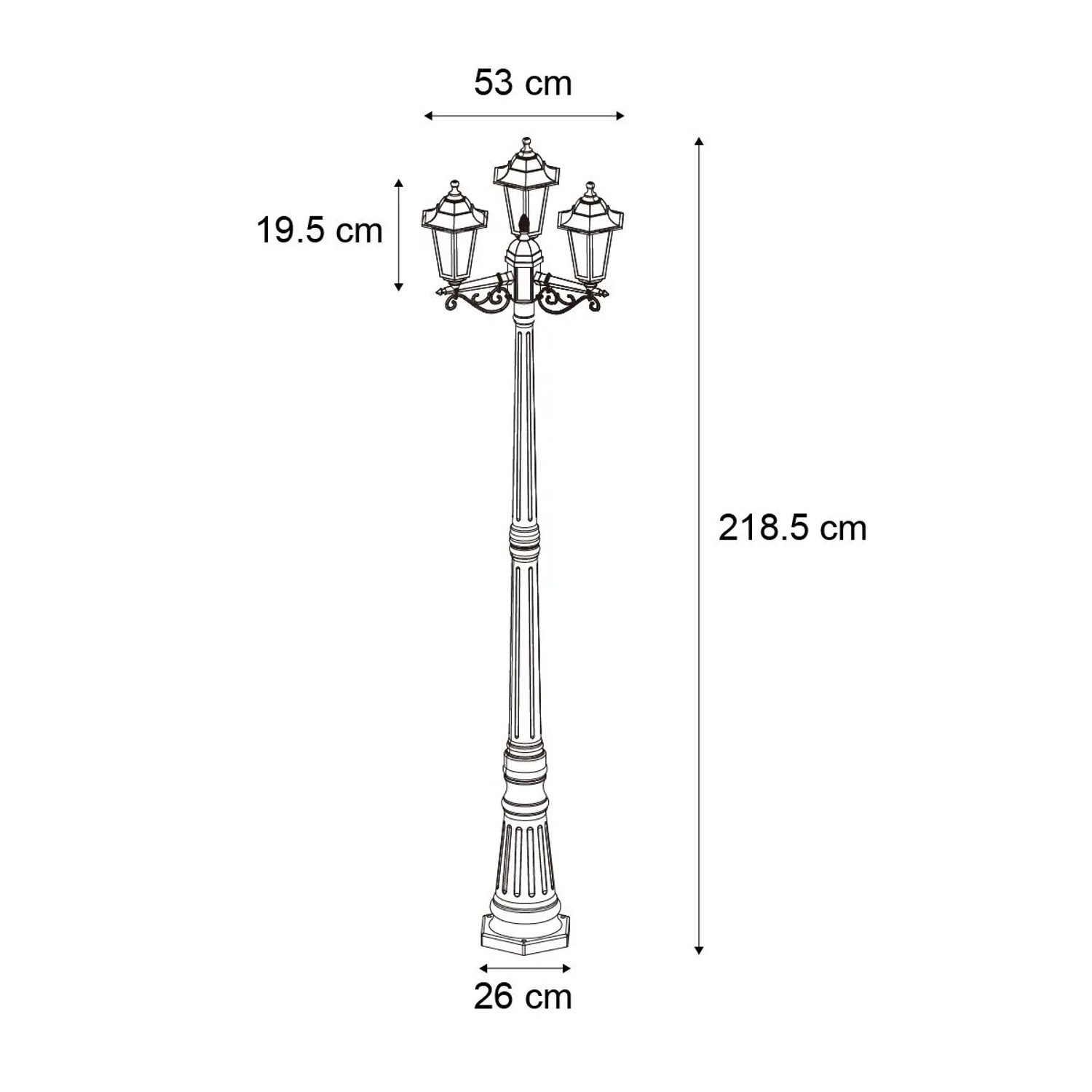 Schwarze, klassische QAZQA Außenleuchte New Haven, 217cm hoch, mit drei Laternen und gehämmertem Design.