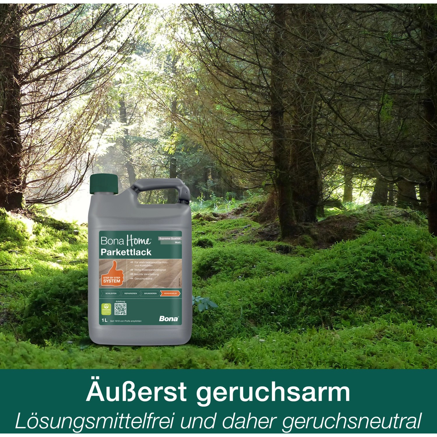 Bona Home Parkettlack Supreme, matt, 1 Liter Gebinde vor Waldkulisse.
