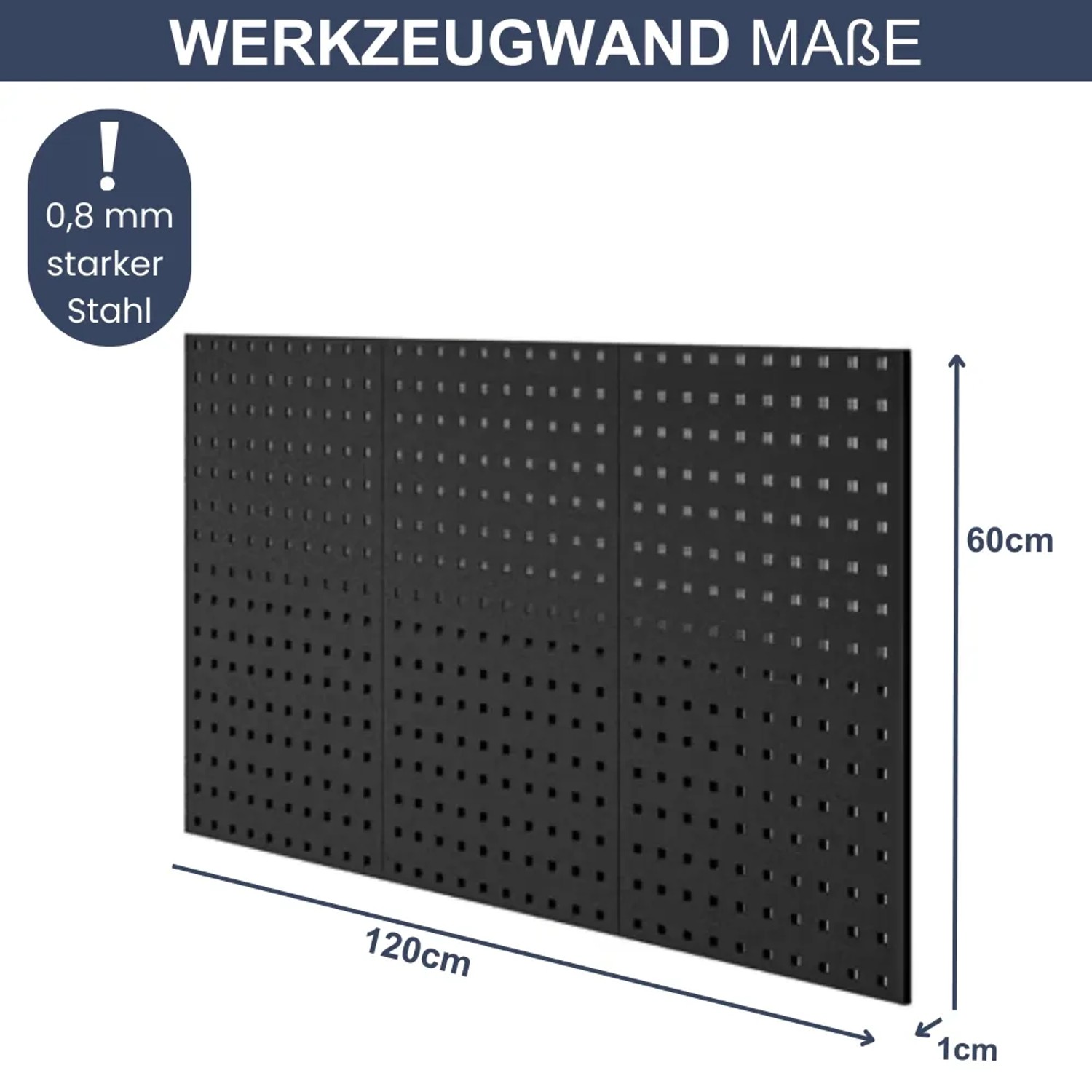 Schwarze DELUKE Werkzeugwand aus Metall mit Lochmuster, 120x60x1 cm, zur Werkzeugaufbewahrung.