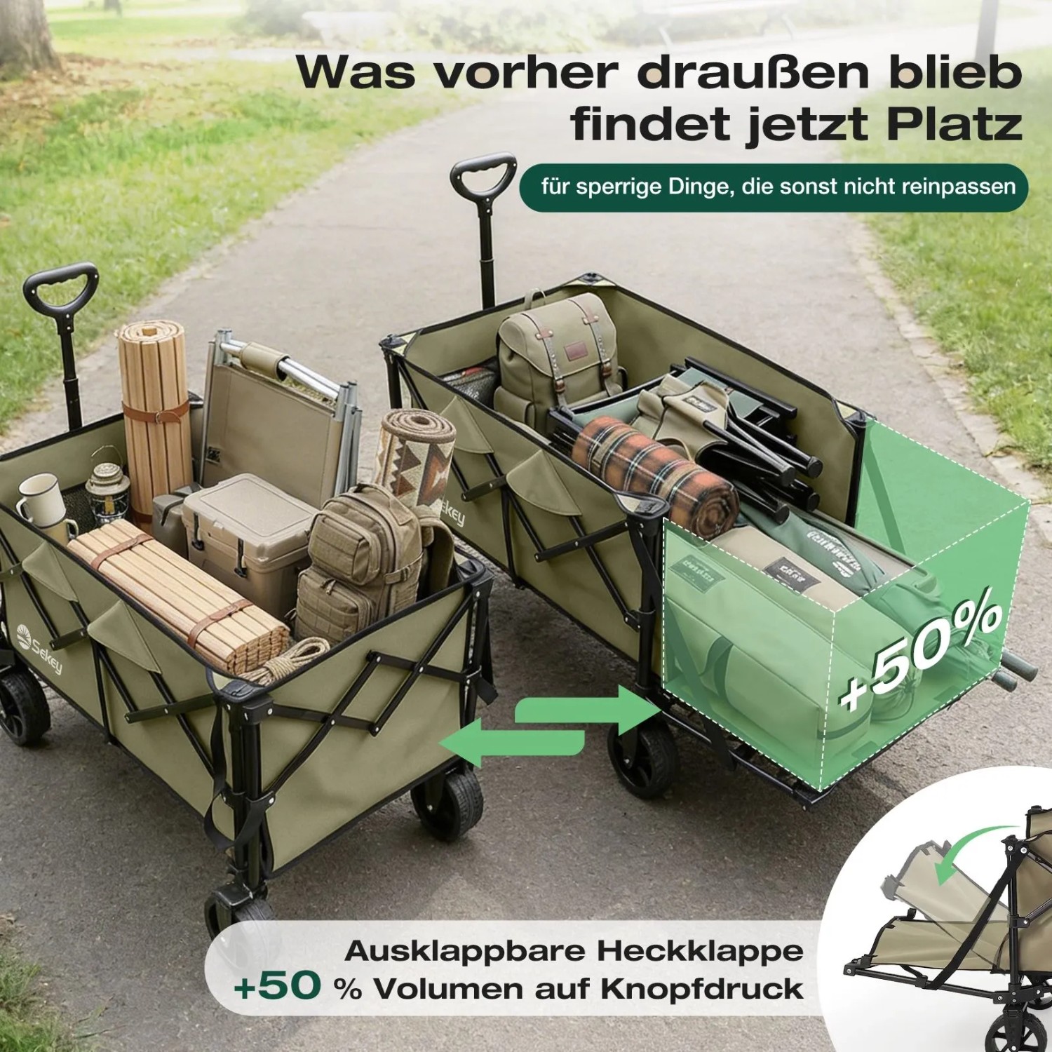 Sekey Bollerwagen olivgrün mit ausklappbarer Heckklappe für Camping & Freizeit.