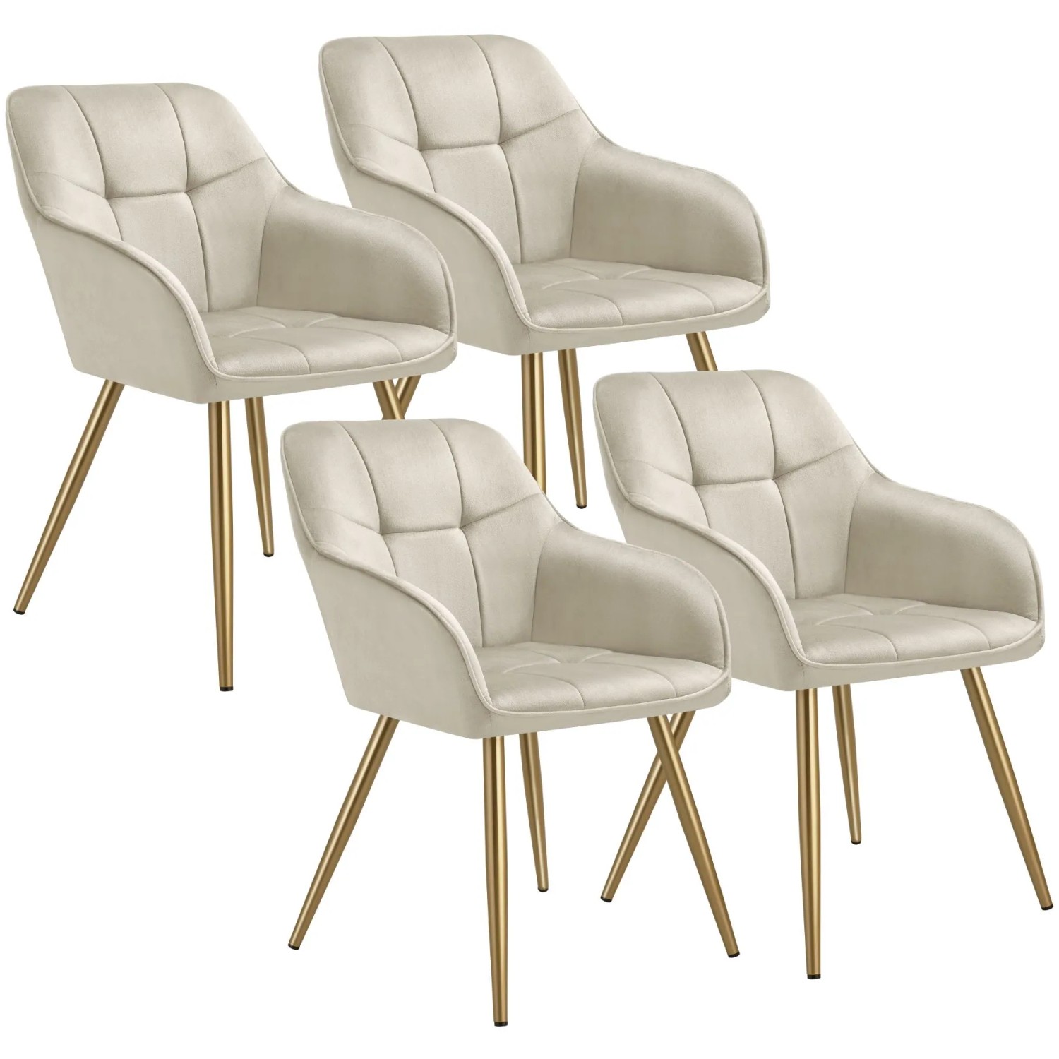 Tectake Esszimmerstuhl Marilyn Gepolstert  In Samtoptik  Gesteppt Durchgehende Lehne 4Er Set 62 x 58 x 82 cm Creme Gold