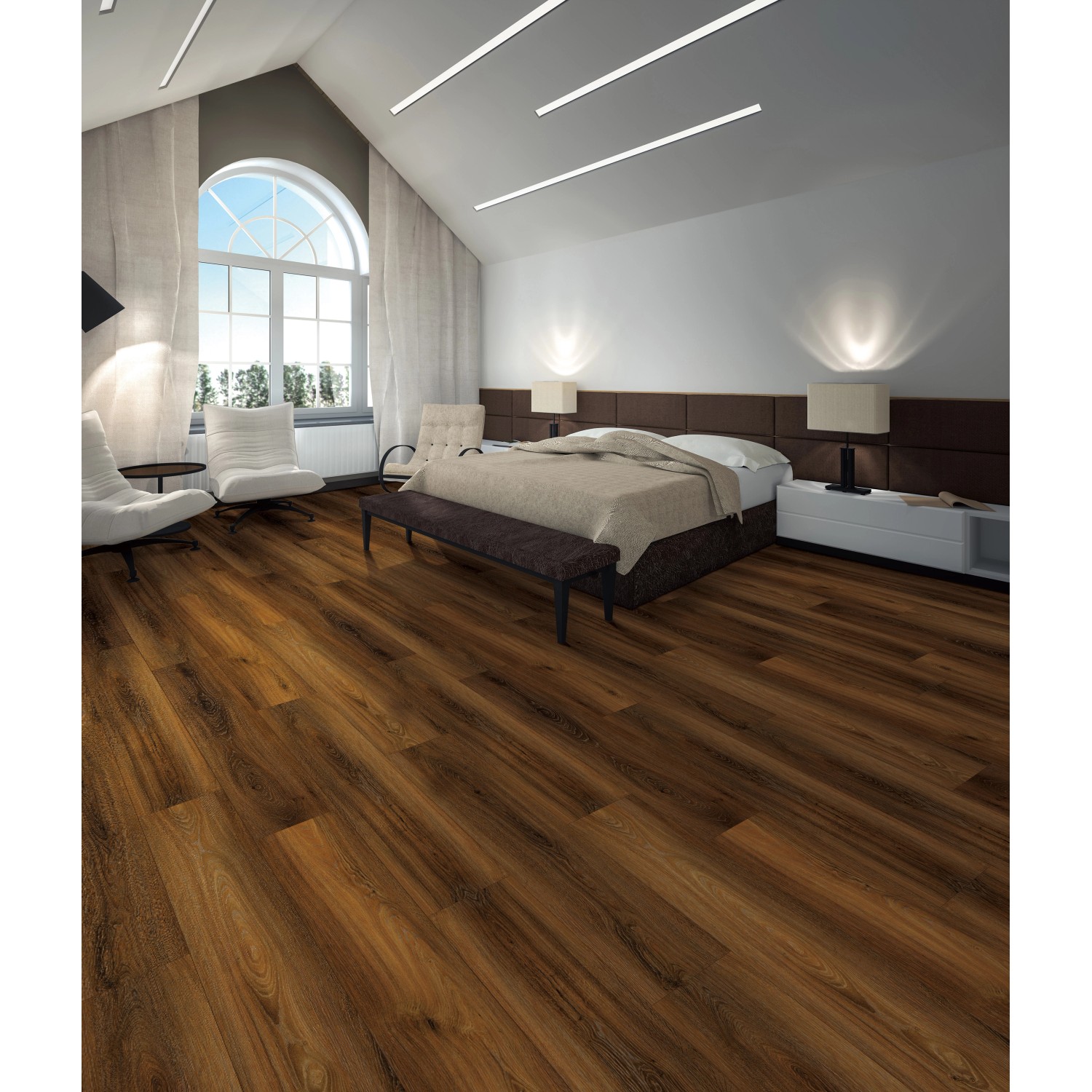 Verlegter Click-Vinylboden Eiche Vaduz in einem Schlafzimmer mit Holzbodenoptik.