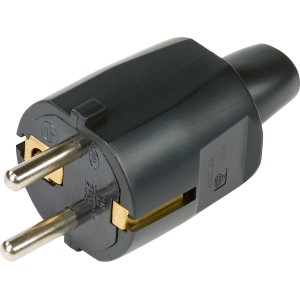 Schwarzer Schutzkontaktstecker aus PVC für den Innenbereich.