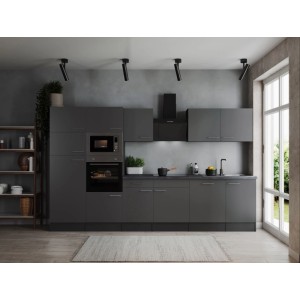 Moderne Respekta Küchenzeile Oliver, 340 cm, Grau mit E-Geräten und Spüle.