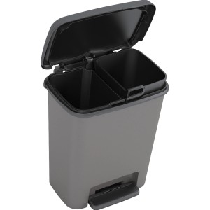 Grauer Tret-Mülleimer mit offenem Deckel und zwei Inneneimern (2x11l) zur Mülltrennung.