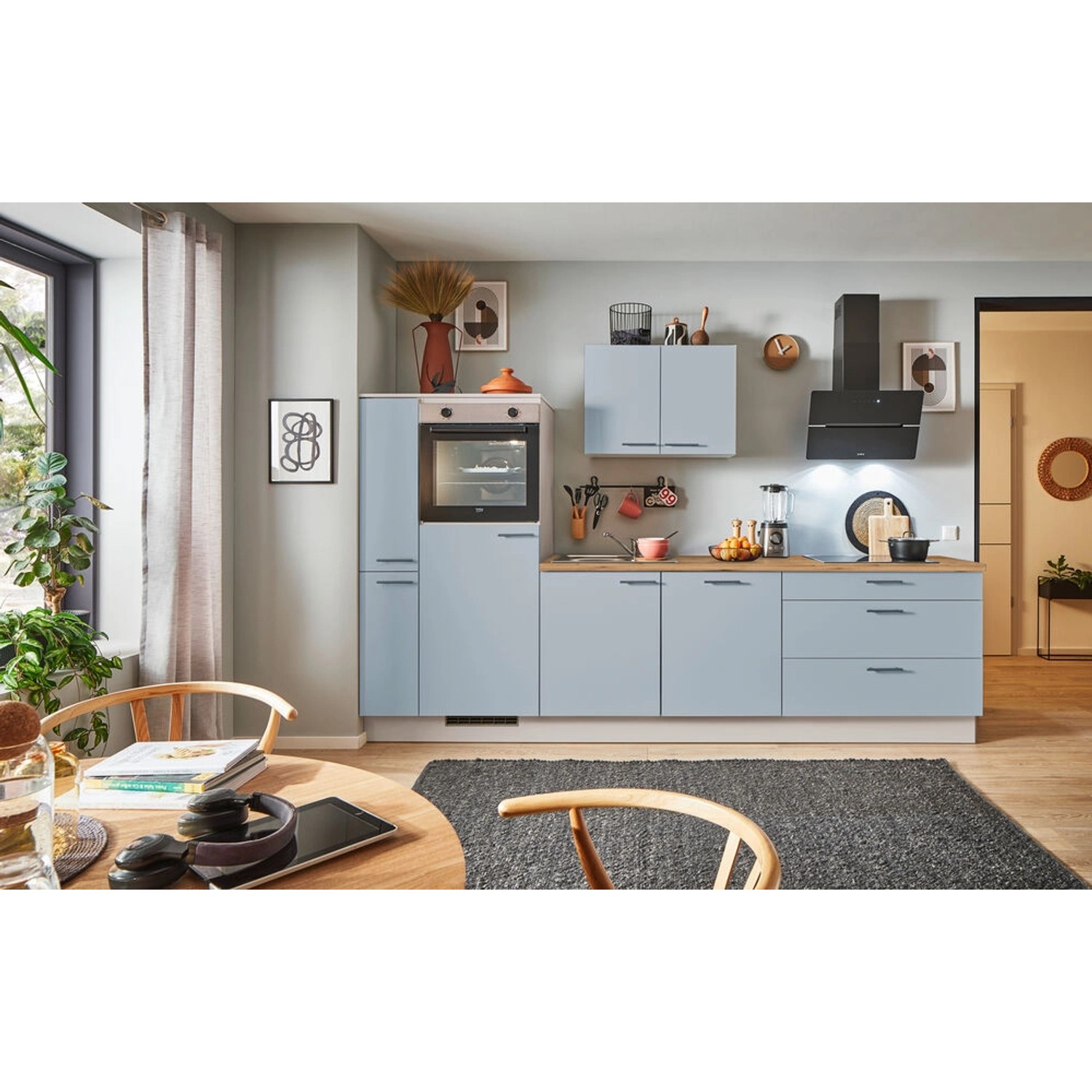 pino Küchenzeile 310 cm Pastellblau Anschlag links 1 Geräte-. 1 Seitenschrank