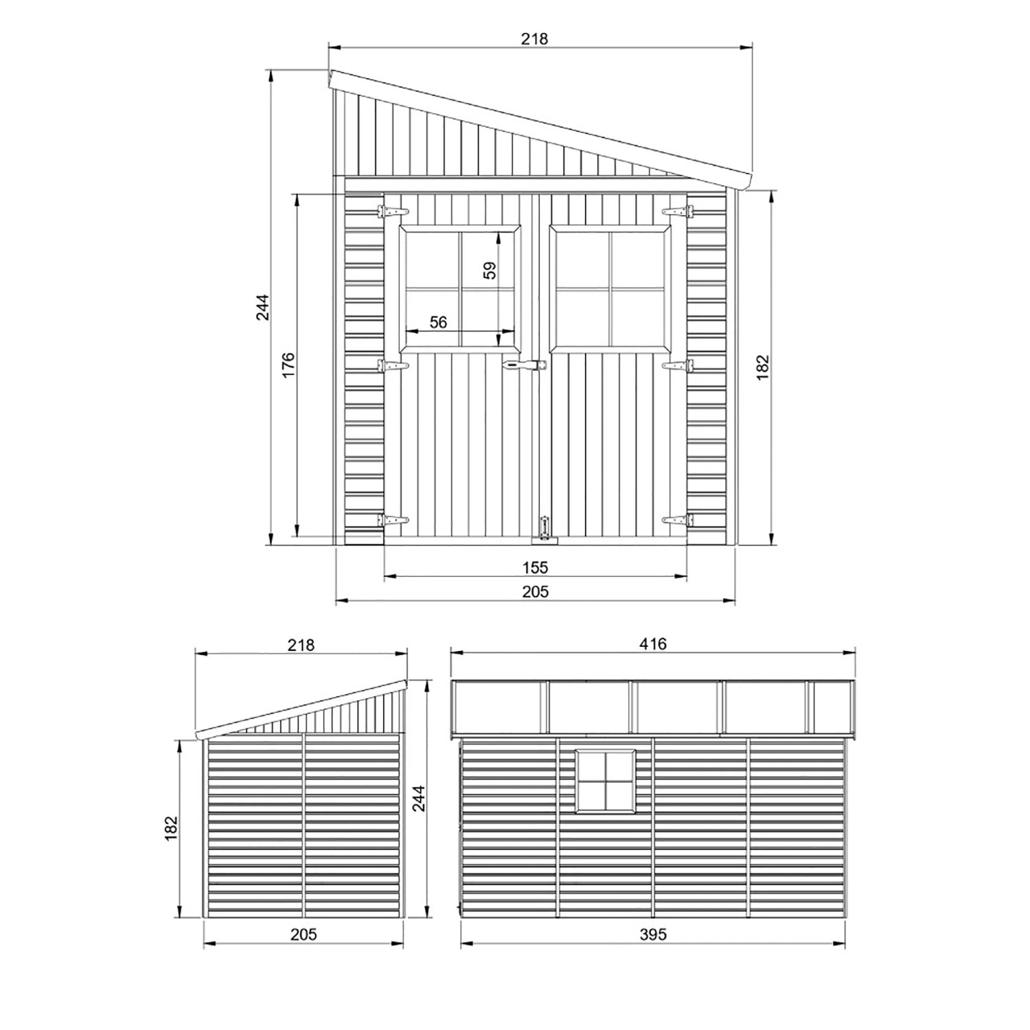 Technische Zeichnung: Timbela Gartenhaus M340A+M340G mit Maßen und Ansichten.