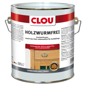 Dose Clou Holzwurm-Frei 2,5l, farbloses Holzschutzmittel gegen Insekten- und Pilzbefall.