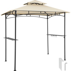 Sandfarbener Tectake Grillpavillon Maracaibo mit Doppeldach, Ablagen und Flaschenöffner.