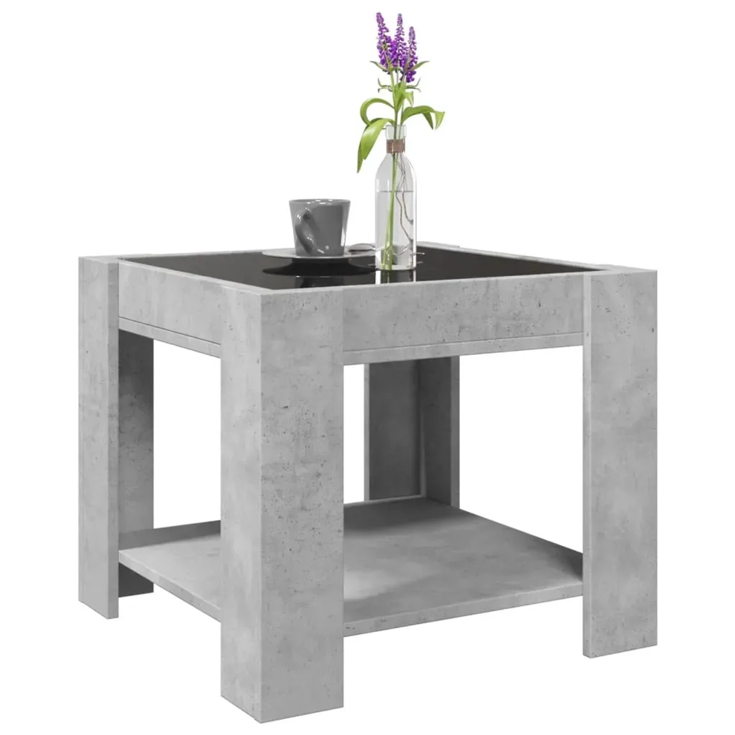 Moderner LED-Couchtisch in Betongrau mit Ablage und Glasplatte. Quadratischer Tisch aus Holzwerkstoff.