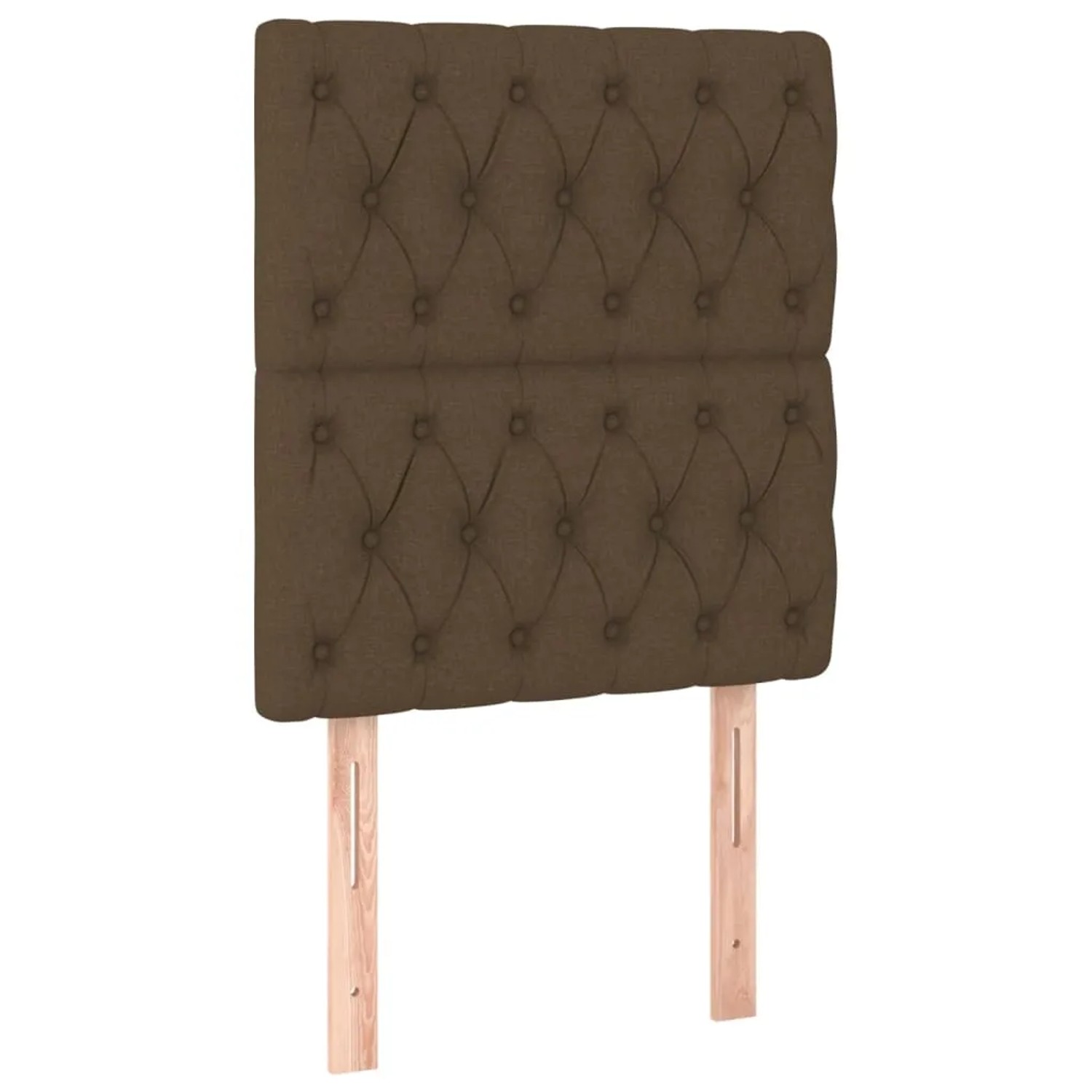 Dunkelbraunes Boxspringbett Kopfteil mit Knopfheftung, Stoffbezug. Bett Zubehör.