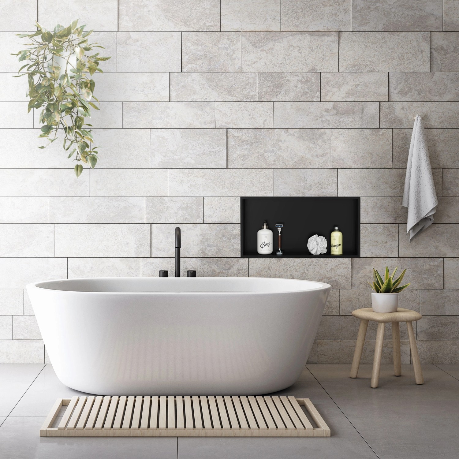 Eingebaute LuxeBath Wandnische aus Edelstahl, 60x30 cm, schwarz, mit Rahmen im Badezimmer.