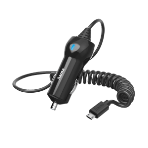 Schwarzes Hama Auto-Ladegerät mit Micro-USB-Anschluss und Spiralkabel.