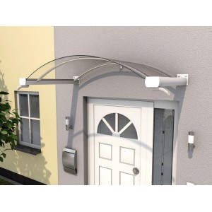 Weißes Gutta Bogenvordach BV/B 160 mit Acrylglas über einer Haustür.