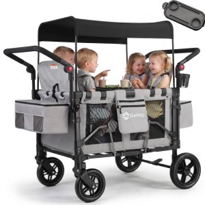 Sekey Faltbarer Bollerwagen für 4 Kinder Kinderwagen mit 4 Integrierten 5-Punkt-Gurtsystem Schwarz