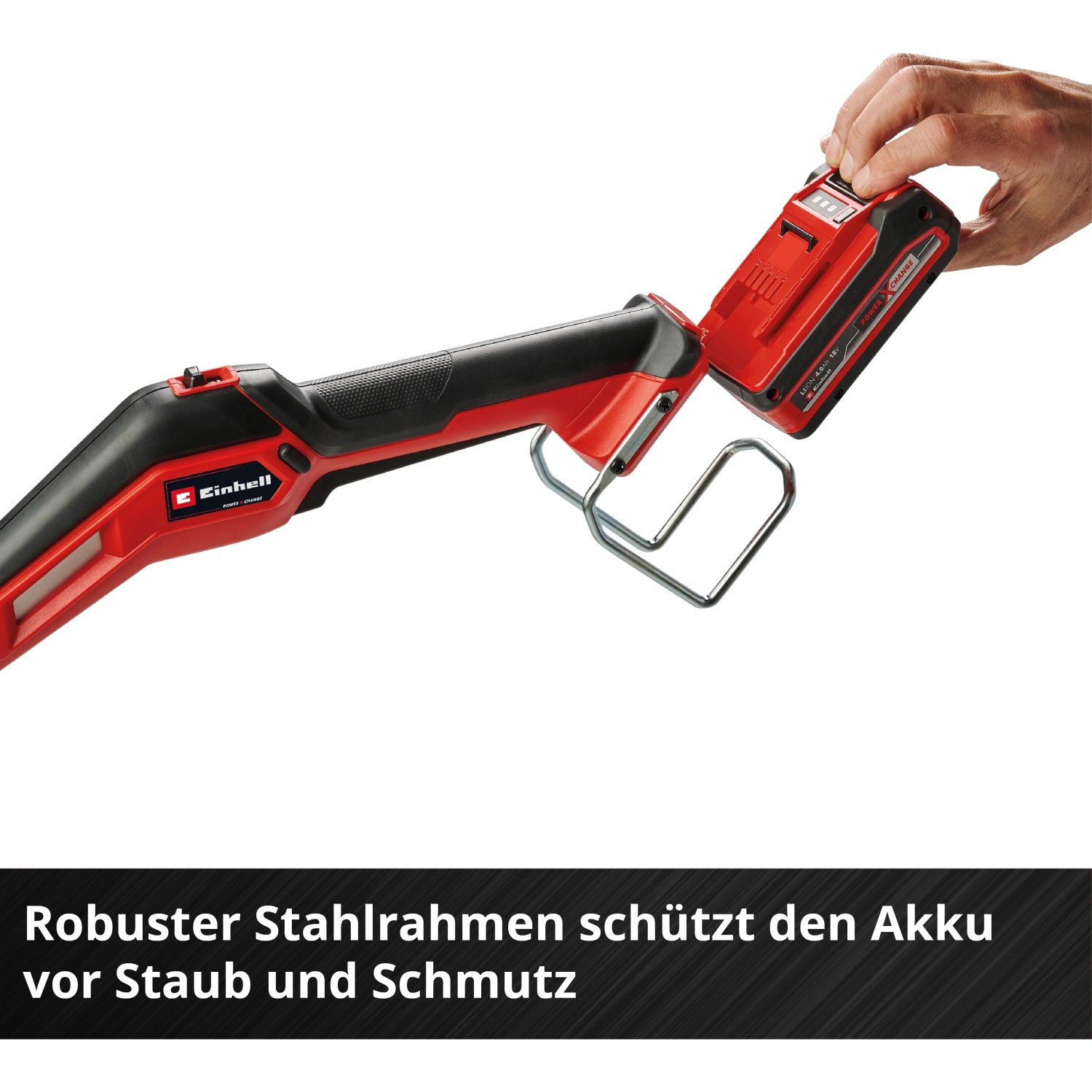Einhell Akku-Rasentrimmer GE-CT 18/33 Li E-Solo mit eingesetztem Akku.