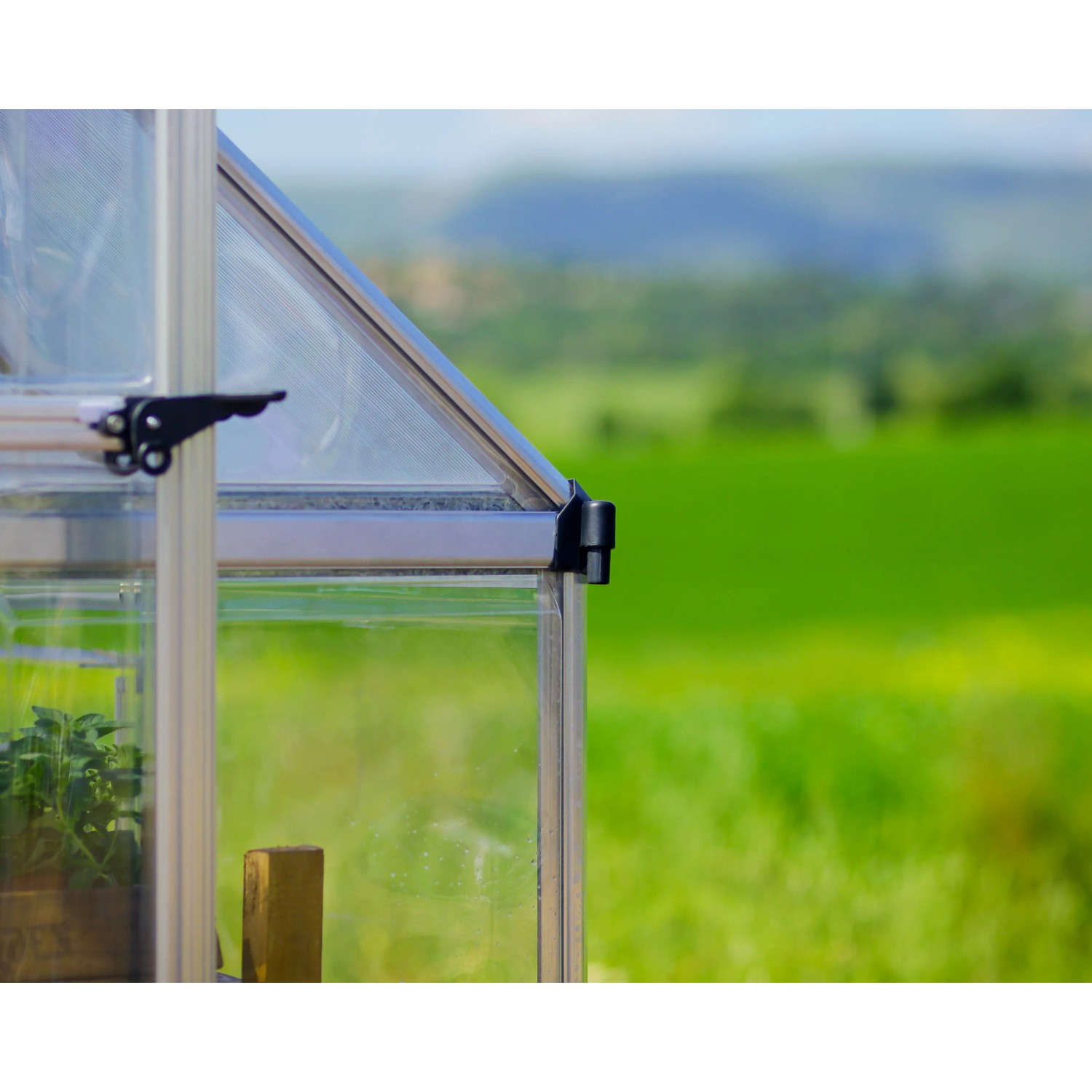Detailaufnahme: Silbernes Palram Canopia Gewächshaus Balance mit Polycarbonat-Paneelen.