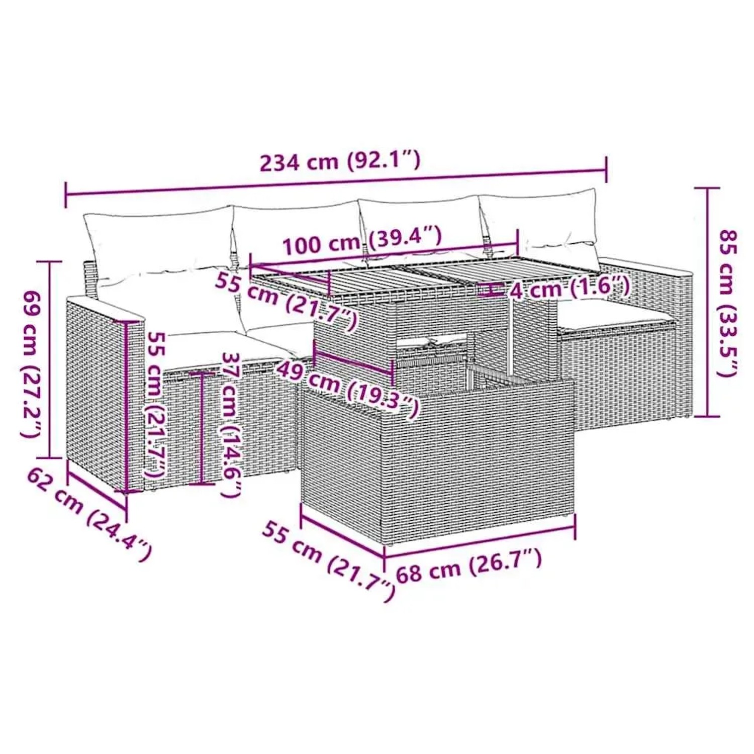 vidaXL 5-tlg. Garten-Sofagarnitur, schwarzes Poly Rattan mit Akazienholz, inklusive Kissen.