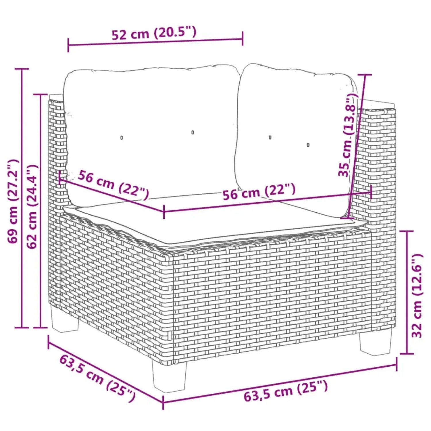 Skizze eines grauen Gartensofas aus Rattan mit Maßen, Teil der vidaXL 7-tlg. Gartenmöbel-Garnitur.