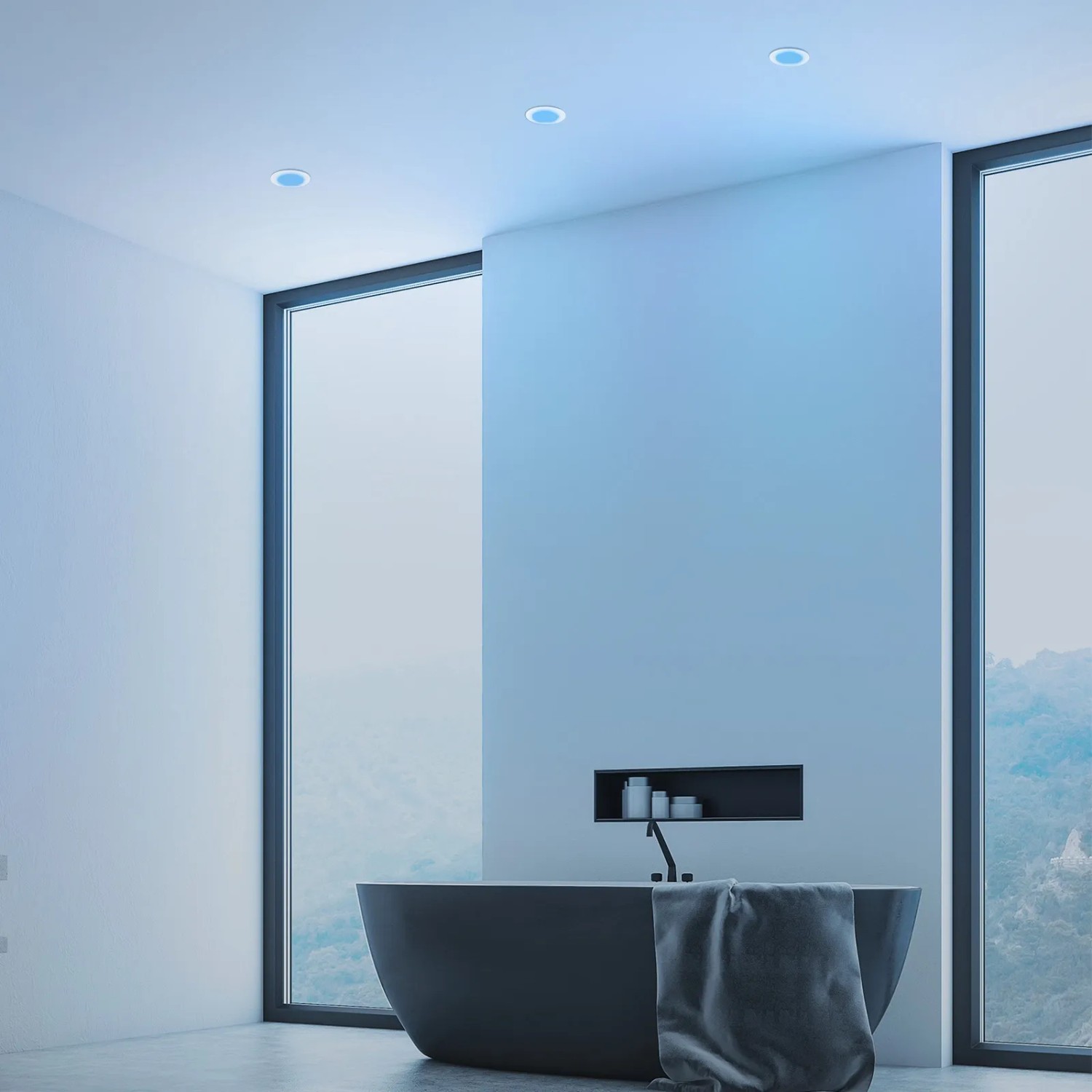 Modernes Bad mit Briloner LED Einbaustrahlern (3er Set, dimmbar, RGB CCT) in der Decke.