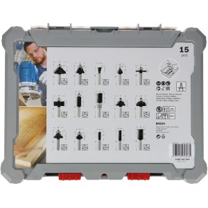 Bosch Fräser-Set, 15-teilig, 8 mm Schaft, in grauer Aufbewahrungsbox mit Klarsichtdeckel.