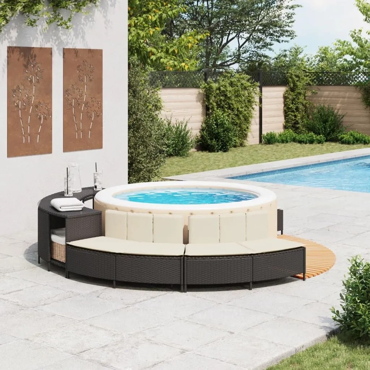 Schwarze vidaXL Whirlpool-Bänke (2 Stk.) aus Poly Rattan mit Auflagen für Whirlpool Zubehör.