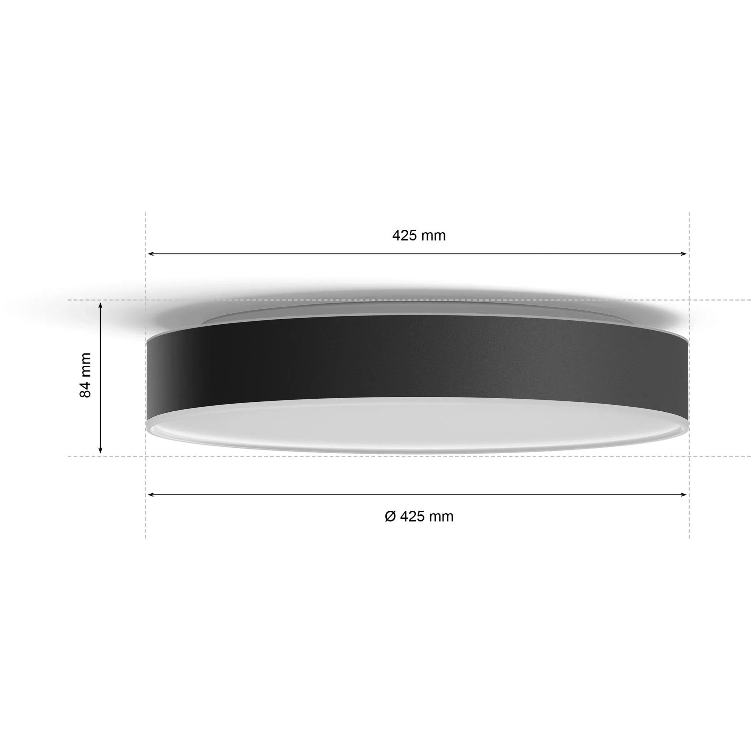 Schwarze Philips Hue Enrave L Deckenleuchte mit Dimmer, Maße eingeblendet.